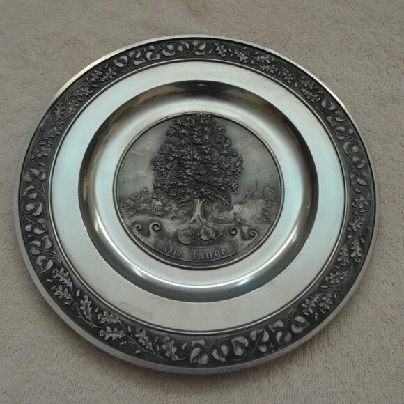 SKS Zinn 95% Pewter Wall Plate The Linden Die Linde German Vintage 9.5" Tree - Picture 2 of 4
